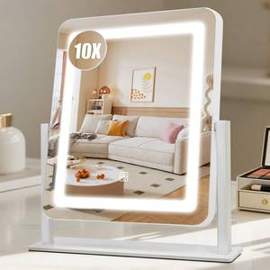 lot 1901 image: Rechargeable Vanity Mirror with Lights, 3000mAH Battery, 15�12.2 LED Makeup Mirror, 10X Magnification, Smart Touch with 3-Color Lighting, 360° Rotation, Lighted Up for Makeup Desk, Bedroom (White) - Retail $30