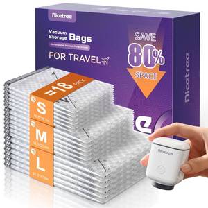 lot 1903 image: Nicetree 18-Pack Vacuum Bags for Travel with Rechargeable Pump, 3 Sizes - Retail $26