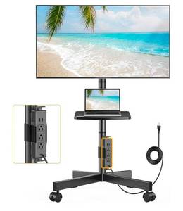 lot 1938 image: Perlegear Mobile TV Cart, Clip-On Integrated Power Supply, Rolling TV Stand Portable for 23-60�� TVs (up to 88 lbs), 3 Height Levels with Adjustable Tray, TV Stand with Wheels, Max VESA 400x400mm - Retail $0