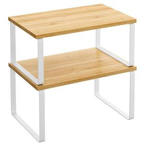 lot 1986 image: SONGMICS Cabinet Organizer Shelf, Set of 2 Kitchen Counter Shelves, Kitchen Storage, Spice Rack, Stackable, Expandable, Metal and Engineered Wood, 11.7 Inches, Cloud White and Natural Beige UKCS02NW - Retail $25