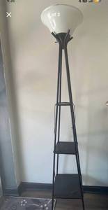 lot 22 image: Floor Lamp with White Shade and Black Metal Base with Shelves