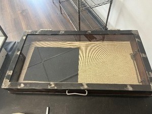 lot 57 image: countertop glass-top wooden display case, for showcasing jewelry, pins, watches, or small collectibles 20x16x4 inches