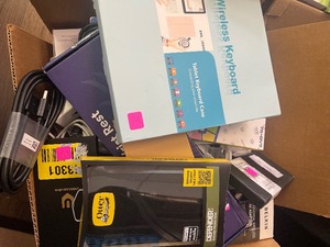 lot 64 image: Mystery Tech Box - 25 items total - includes cases, keyboard, and cables