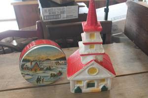 lot 3057 image: Vintage Christmas Church Blow Mold & Tin
