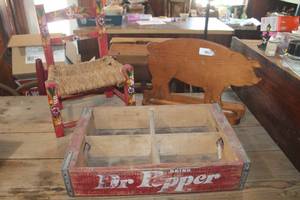 lot 3126 image: Vtg. Dr. Pepper Crate, Dcor Chair & Wood Pig Rack