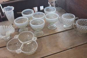 lot 3261 image: Vintage Hobnail Relish Dish, Creamer and More