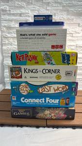 lot 1 image: Lot of 8 Board Games Thats What She Said, Kerplunk, Kings in the Corner, Last Word, Connect Four, Traditions 100 Games