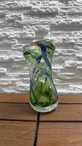 lot 19 image: Glass Vase Twisted Green Blue White Design