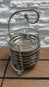 lot 32 image: Glass Coaster Set with Wire Holder Stand