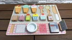 lot 135 image: Wooden Play Kitchen Set with Ice Cream Cones Calculator and Accessories