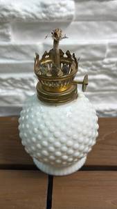 lot 168 image: Oil Lamp with White Hobnail Glass and Brass Crown Burner