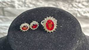 lot 189 image: 3-Piece Red Faceted Stone Ring and Earring Set with Clear Rhinestone Halo