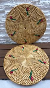 lot 243 image: Woven Rattan Pot Holder Pair with Red and Green Pattern 12 inches