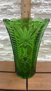 lot 284 image: Green Glass Vase with Embossed Floral Design - 8 inches Tall