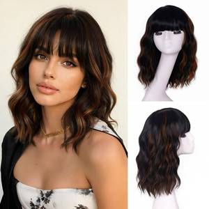 lot 4 image: ONICE Short Wavy Bob Wig with Bangs Black Mix Brown Wigs for Black Women - Retail $19