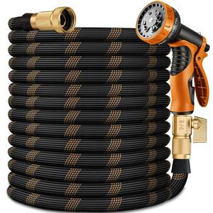 lot 17 image: Flexible Garden Hose 100 FT, Ultra Lightweight Water Hoses w10 Function Sprayer and 34 Brass Fittings, Kink-Free, Sturdy, Abrasion Resistant for Yard, Lawn, Outdoor and Gardening(Black Orange) - Retail $80