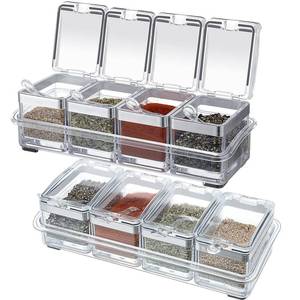lot 29 image: 2 Set Acrylic Seasoning Organizer Box 10 x 4 x 3.2 in 8 Clear Seasoning Rack Spice Pot Condiment Container with Lid and Spoon Storage Container Spice Jar for Sugar Salt Kitchen Cooking Organizer - Retail $31