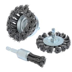 lot 36 image: FPPO 3PCS 3 Inch Knotted Wire Wheel Cup Brush and Twist End Brush Set,14 Shank for Drill,Perfect for Rust Removal, Corrosion and Paint - Retail $9