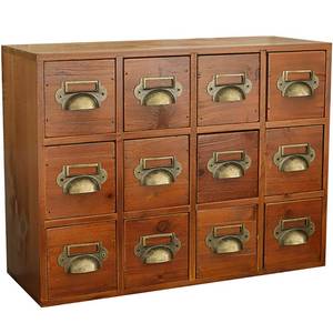 lot 45 image: 12-Drawer Apothecary Cabinet - Index Card Organizer - Mahogany Wooden Card Catalog - Fits Standard US 3x5in Index Cards - Vintage Desktop Drawer Organizer for Tea, Herbs, and Office Supplies - Retail $100