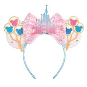 lot 86 image: LYLIN Mouse Ears Headband, Sequin Pink Mouse Ears with Castle Bows - Retail $10