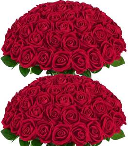 lot 87 image: 50Pcs Red Roses Artificial Flowers, Real Touch Velvet Fake Roses Bouquet - Retail $30