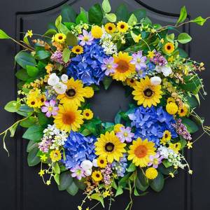 lot 110 image: Pinkpuii Spring Wreaths for Front Door Outside- 24 Inch Spring Summer Wreath with Sunflowers,Lifelike Blue Hydrangea Flower Wreath for Indoor Outdoor Mantel,Window,Wall,Home Firplace Hanging Decor