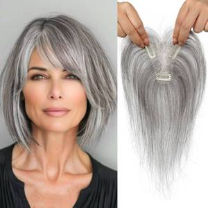 lot 124 image: REECHO Hair Toppers for Women Real Human Hair, Seamless Human Hair Toppers with Bangs, 360° 3D Cover Clip in Bangs Hair Extensions for Daily Wear, Gray - Retail $40