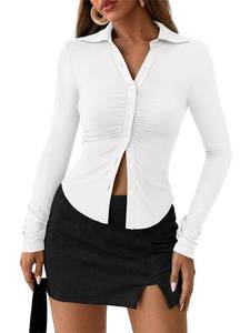 lot 126 image: PRETTYGARDEN Long Sleeve Ruched Button Up Shirt Women Solid Color V Neck Lapel Collar Work Shirts Casual Fall Clothes (White, X-Large) - Retail $36