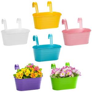 lot 161 image: Foraineam 6 Pack Hanging Flower Pots, Metal Iron Plant Pot Holders, Garden Pots Balcony Planters, Metal Bucket Flower Holders Wall Hanging Decor Pot with Detachable Hooks for Railing Fence Balcony - Retail $24