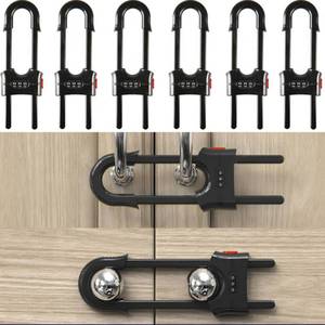 lot 163 image: FIGEPO 6 Pack Child Proof U-Shaped Code Sliding Cabinet Door Locks Adjustable Baby Safety Plastic Cupboard Cabinet Latches Set for Knob Handle Drawers Closet Black - Retail $20