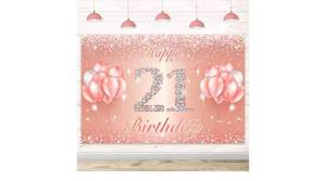 lot 205 image: Happy 21st Birthday Banner Backdrop - 21 Birthday Party Decorations Supplies for Women or Men - Rose Gold 4 x 6ft - Retail $0
