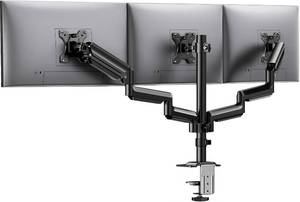 lot 218 image: HUANUO Triple Monitor Mount for 13-27 inch Computer Screens, Gaming 3 Monitor Desk Mount with Arm Holds 19.8lbs, Triple Monitors Stand with Tilt, Swivel, Rotation, VESA 75x75, 100x100mm - Retail $66