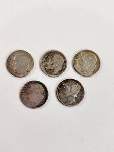 lot 109 image: Lot of 5 Vintage U.S. 90% Silver Dimes&nbsp