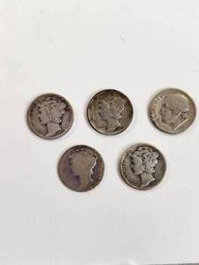 lot 114 image: Lot of 5 Vintage U.S. 90% Silver Dimes&nbsp