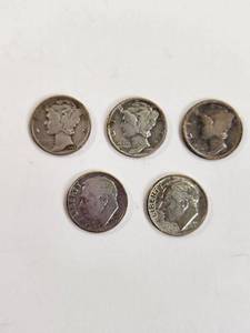 lot 116 image: Lot of 5 Vintage U.S. 90% Silver Dimes&nbsp