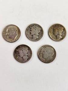 lot 117 image: Lot of 5 Vintage U.S. 90% Silver Dimes&nbsp