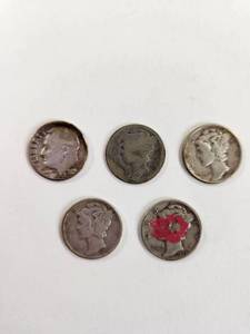 lot 119 image: Lot of 5 Vintage U.S. 90% Silver Dimes&nbsp