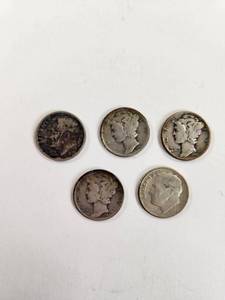 lot 121 image: Lot of 5 Vintage U.S. 90% Silver Dimes&nbsp