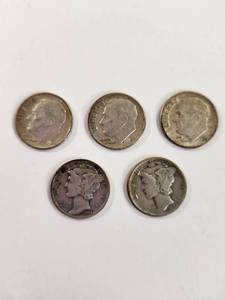 lot 129 image: Lot of 5 Vintage U.S. 90% Silver Dimes&nbsp