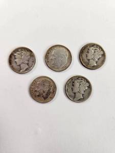 lot 130 image: Lot of 5 Vintage U.S. 90% Silver Dimes&nbsp