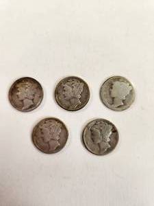 lot 131 image: Lot of 5 Vintage U.S. 90% Silver Dimes&nbsp