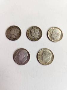 lot 138 image: Lot of 5 Vintage U.S. 90% Silver Dimes&nbsp