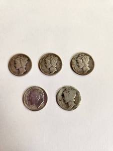 lot 143 image: Lot of 5 Vintage U.S. 90% Silver Dimes&nbsp