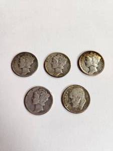 lot 146 image: Lot of 5 Vintage U.S. 90% Silver Dimes&nbsp