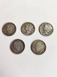 lot 152 image: Lot of 5 Vintage U.S. 90% Silver Dimes&nbsp