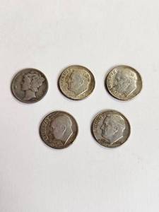 lot 155 image: Lot of 5 Vintage U.S. 90% Silver Dimes&nbsp
