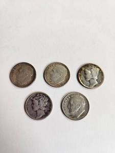lot 156 image: Lot of 5 Vintage U.S. 90% Silver Dimes&nbsp