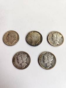 lot 157 image: Lot of 5 Vintage U.S. 90% Silver Dimes&nbsp