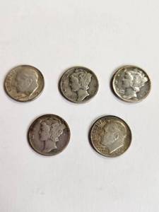 lot 158 image: Lot of 5 Vintage U.S. 90% Silver Dimes&nbsp