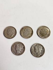 lot 159 image: Lot of 5 Vintage U.S. 90% Silver Dimes&nbsp